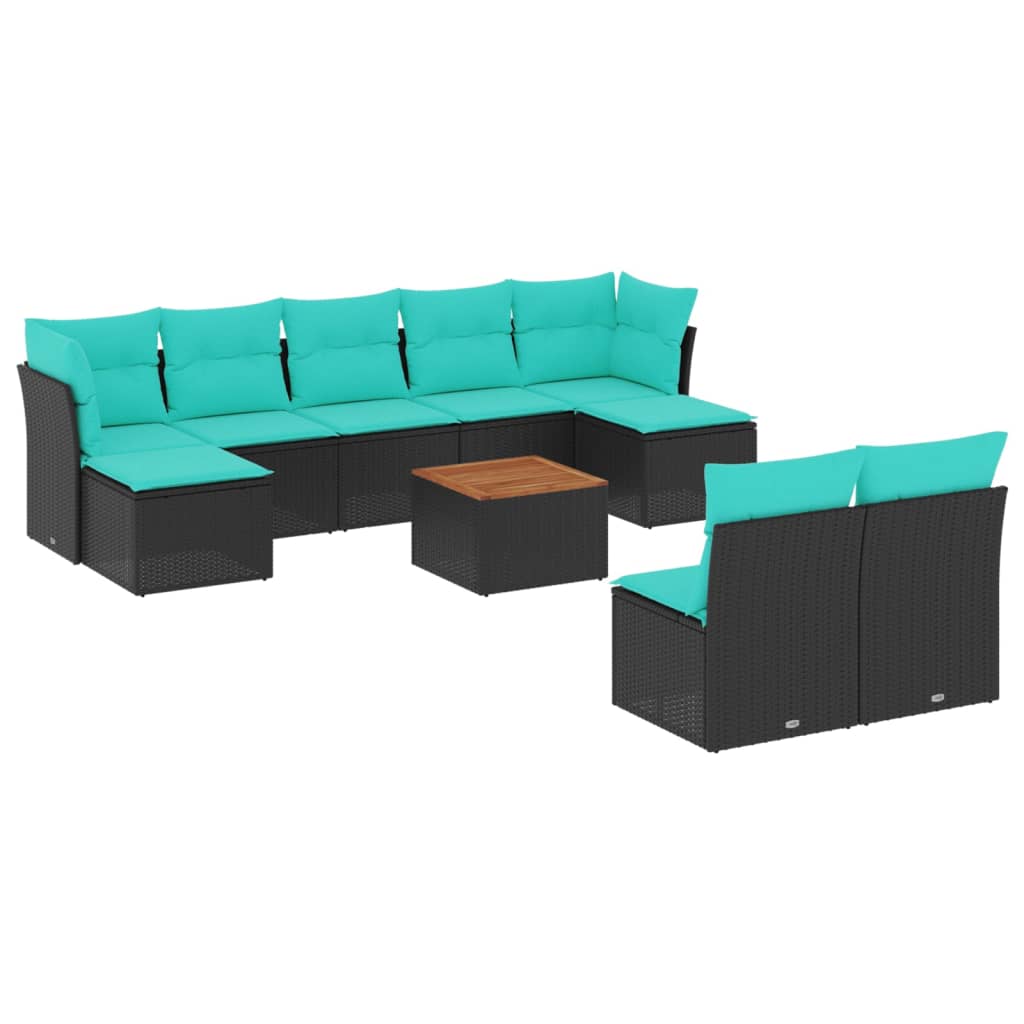 10 Piece Patio Sofa Set with Cushions Black Poly Rattan