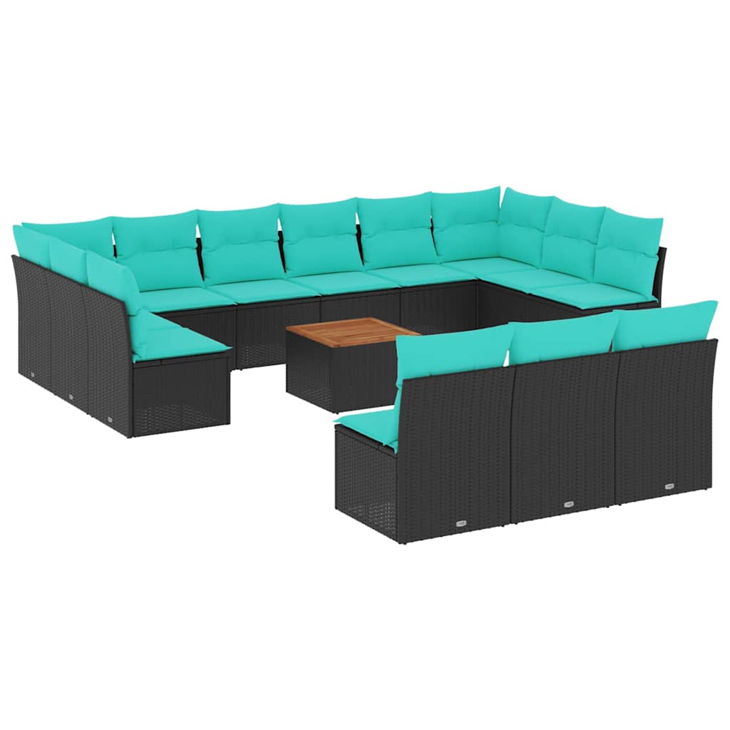 14 Piece Patio Sofa Set with Cushions Black Poly Rattan