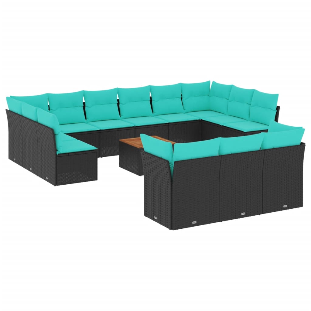14 Piece Patio Sofa Set with Cushions Black Poly Rattan