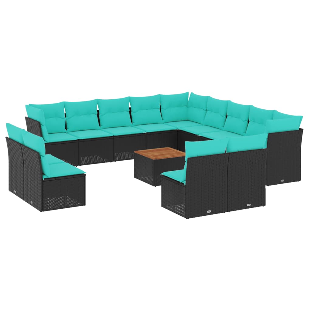14 Piece Patio Sofa Set with Cushions Black Poly Rattan