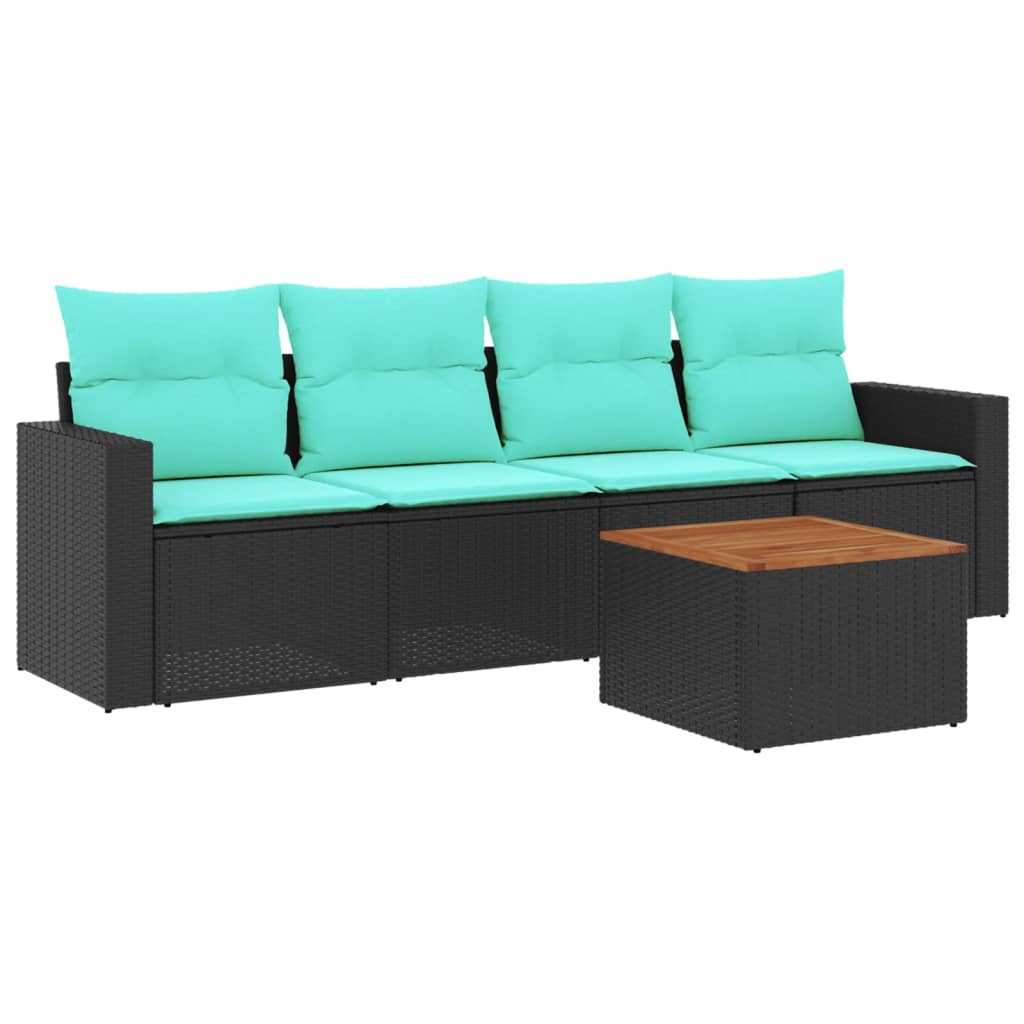 5 Piece Patio Sofa Set with Cushions Black Poly Rattan