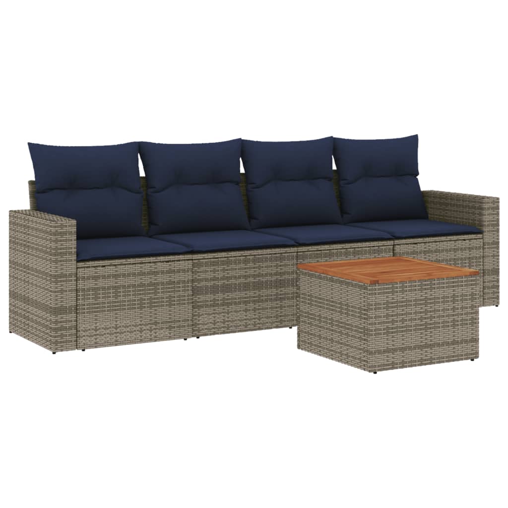 5 Piece Patio Sofa Set with Cushions Gray Poly Rattan
