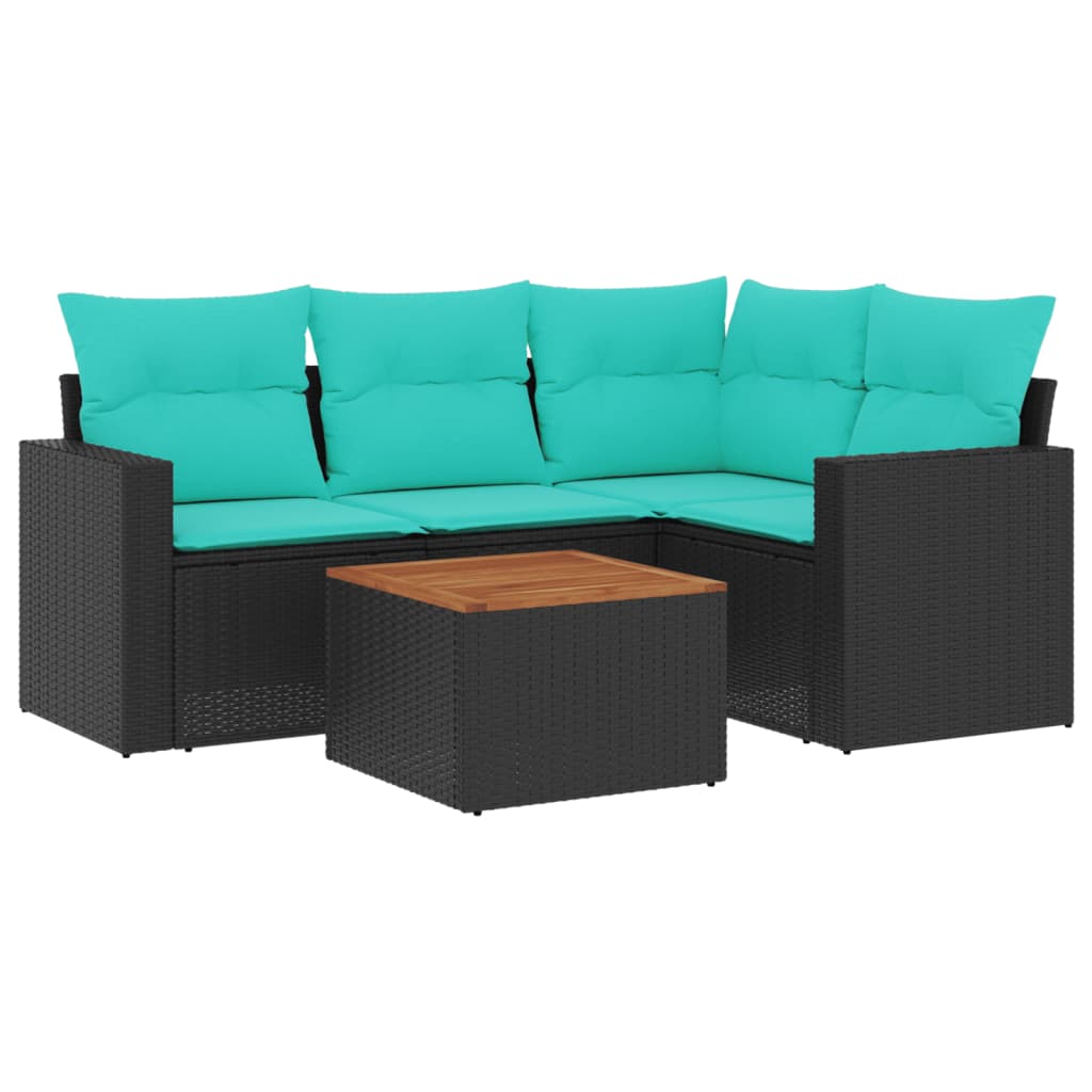 5 Piece Patio Sofa Set with Cushions Black Poly Rattan