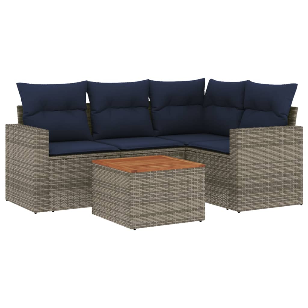 5 Piece Patio Sofa Set with Cushions Gray Poly Rattan