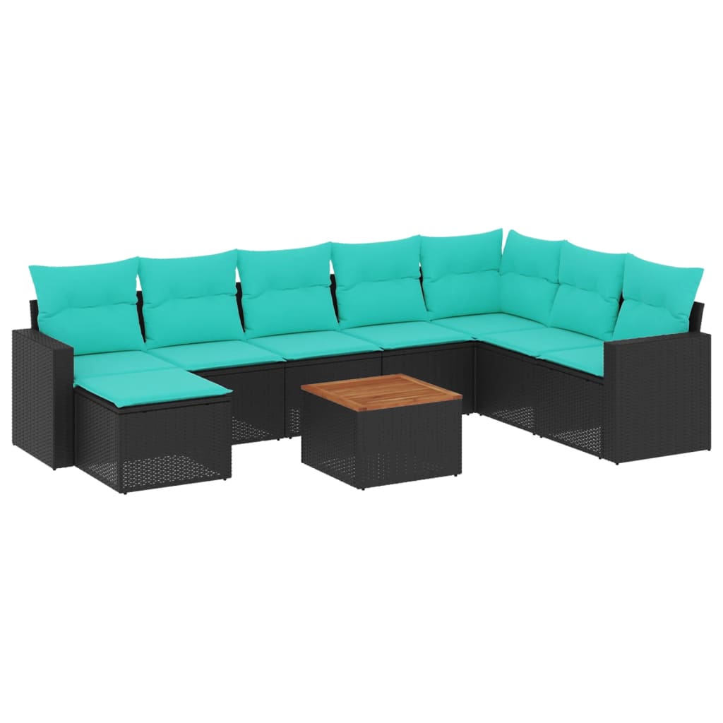 9 Piece Patio Sofa Set with Cushions Black Poly Rattan