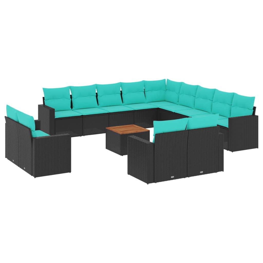 14 Piece Patio Sofa Set with Cushions Black Poly Rattan