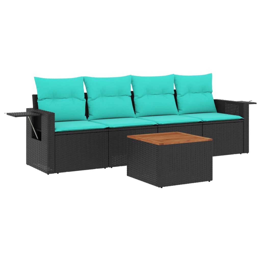 5 Piece Garden Sofa Set with Cushions Black Poly Rattan