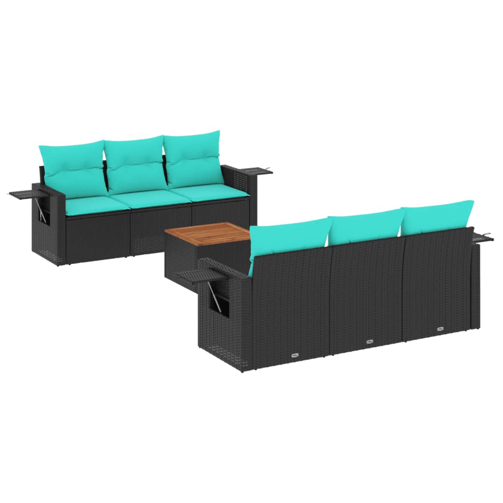 7 Piece Garden Sofa Set with Cushions Black Poly Rattan