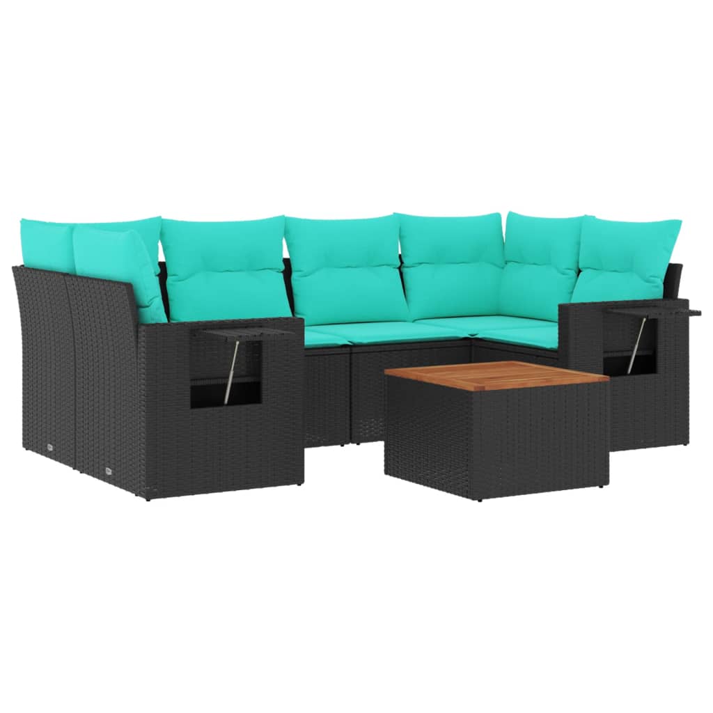 7 Piece Garden Sofa Set with Cushions Black Poly Rattan