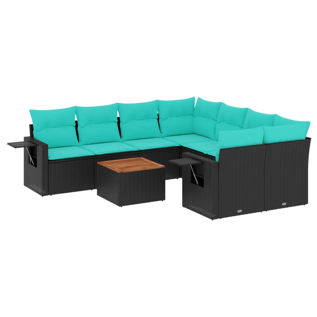 9 Piece Garden Sofa Set with Cushions Black Poly Rattan