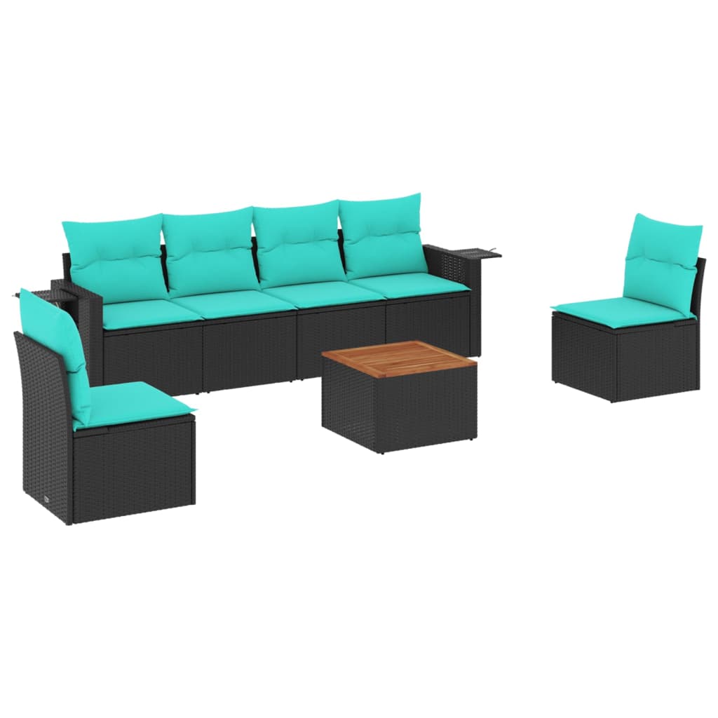 7 Piece Garden Sofa Set with Cushions Black Poly Rattan