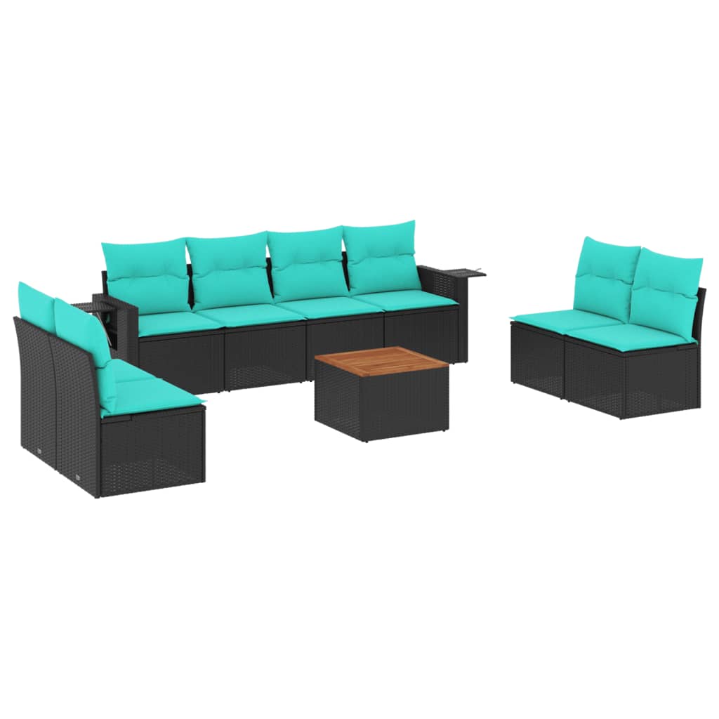 9 Piece Garden Sofa Set with Cushions Black Poly Rattan