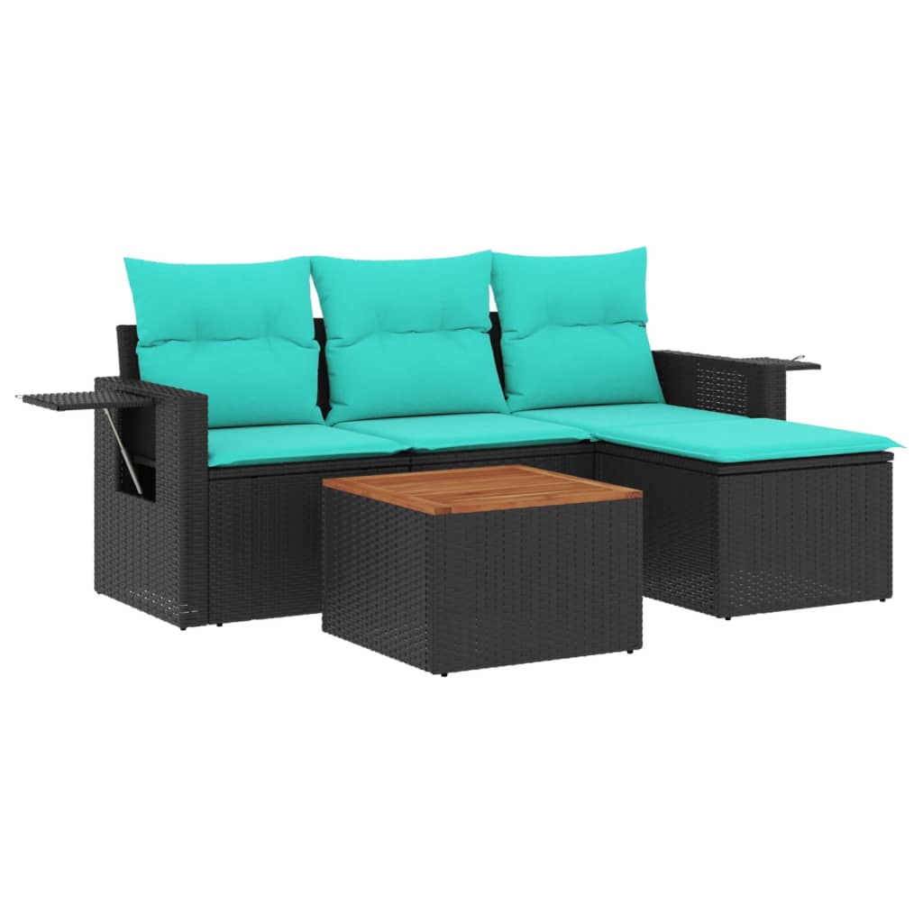5 Piece Garden Sofa Set with Cushions Black Poly Rattan