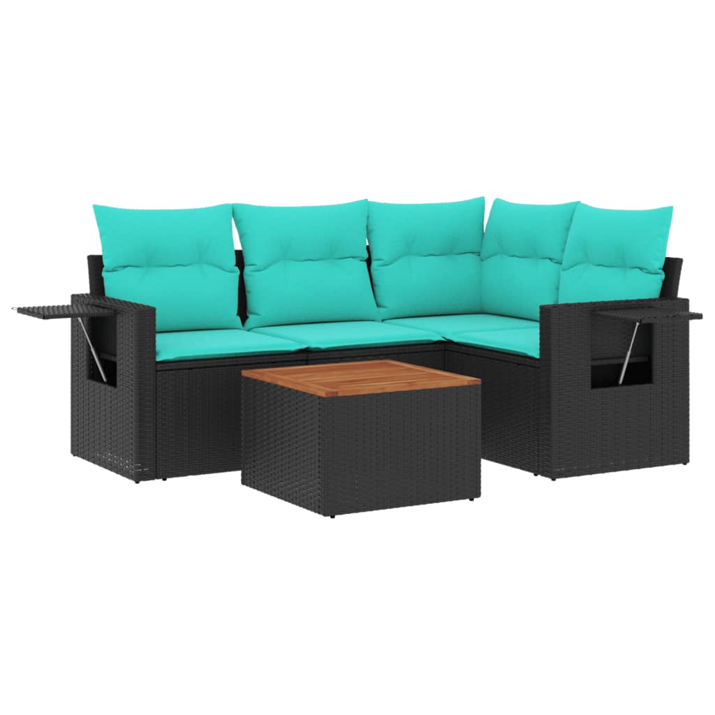 5 Piece Garden Sofa Set with Cushions Black Poly Rattan