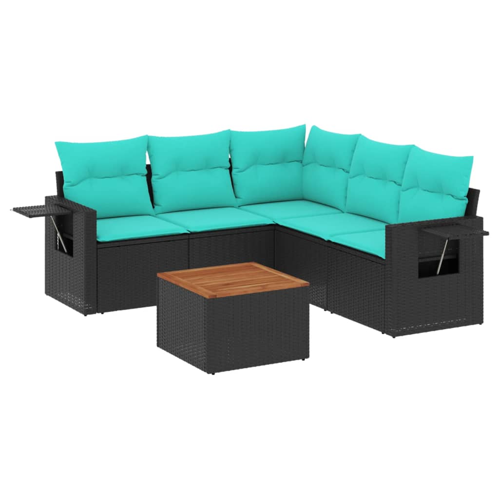 6 Piece Garden Sofa Set with Cushions Black Poly Rattan