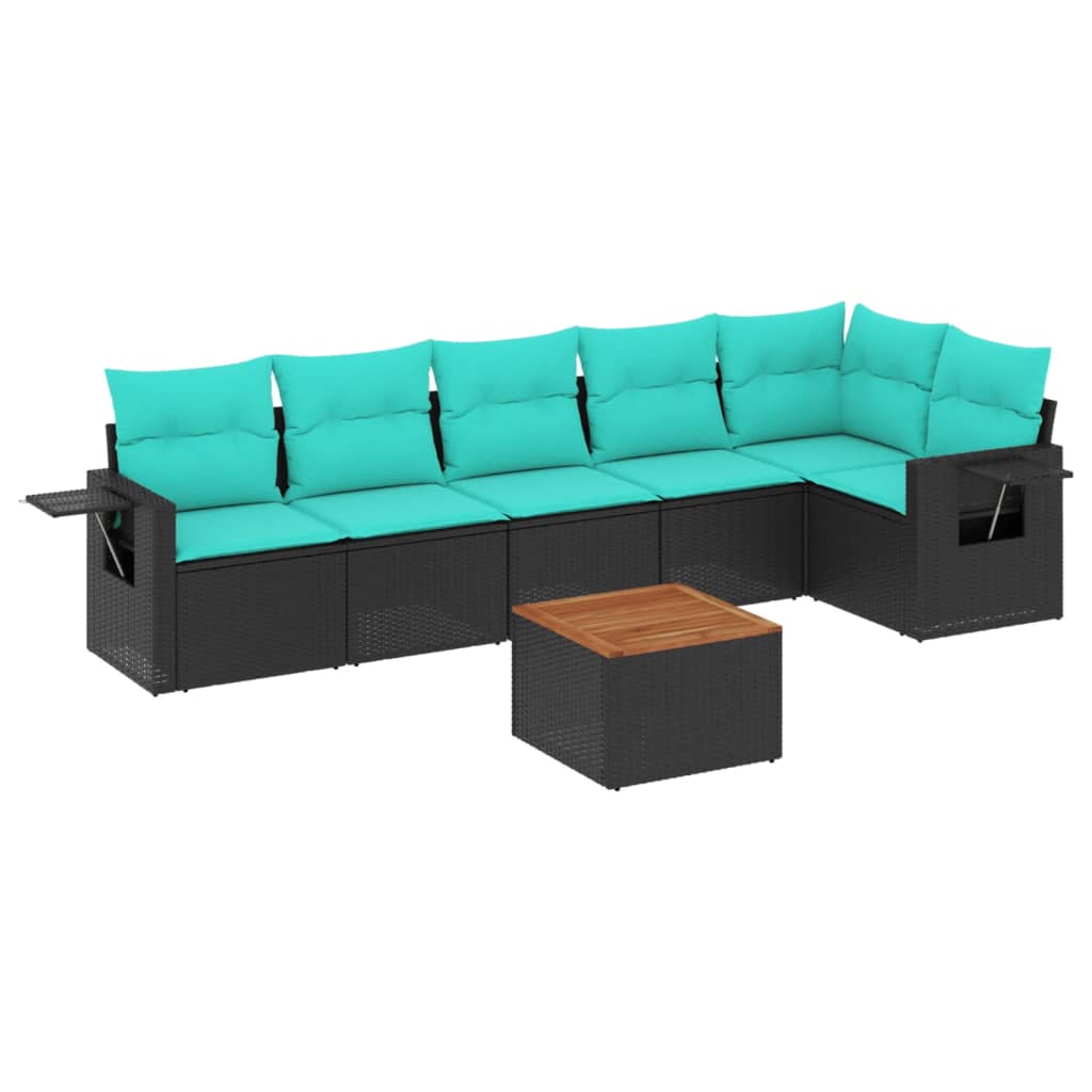7 Piece Garden Sofa Set with Cushions Black Poly Rattan