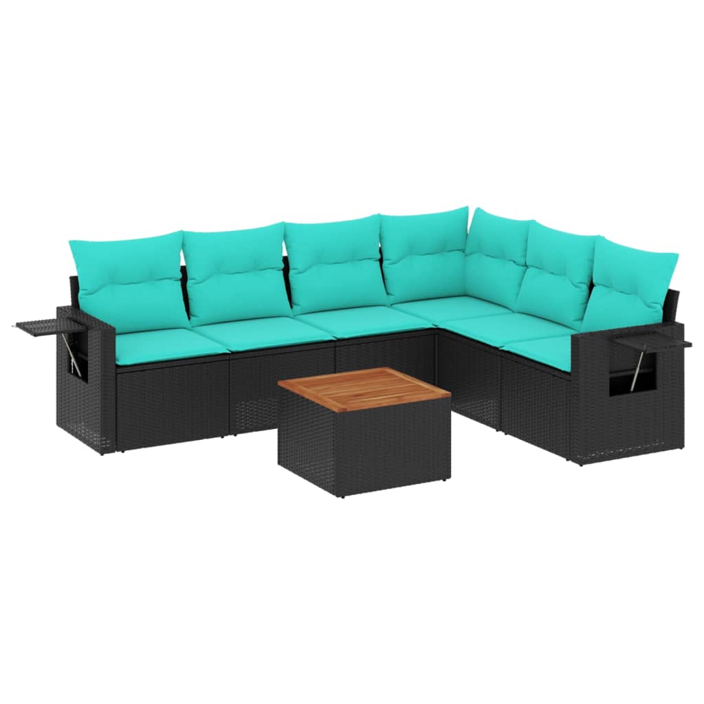 7 Piece Garden Sofa Set with Cushions Black Poly Rattan