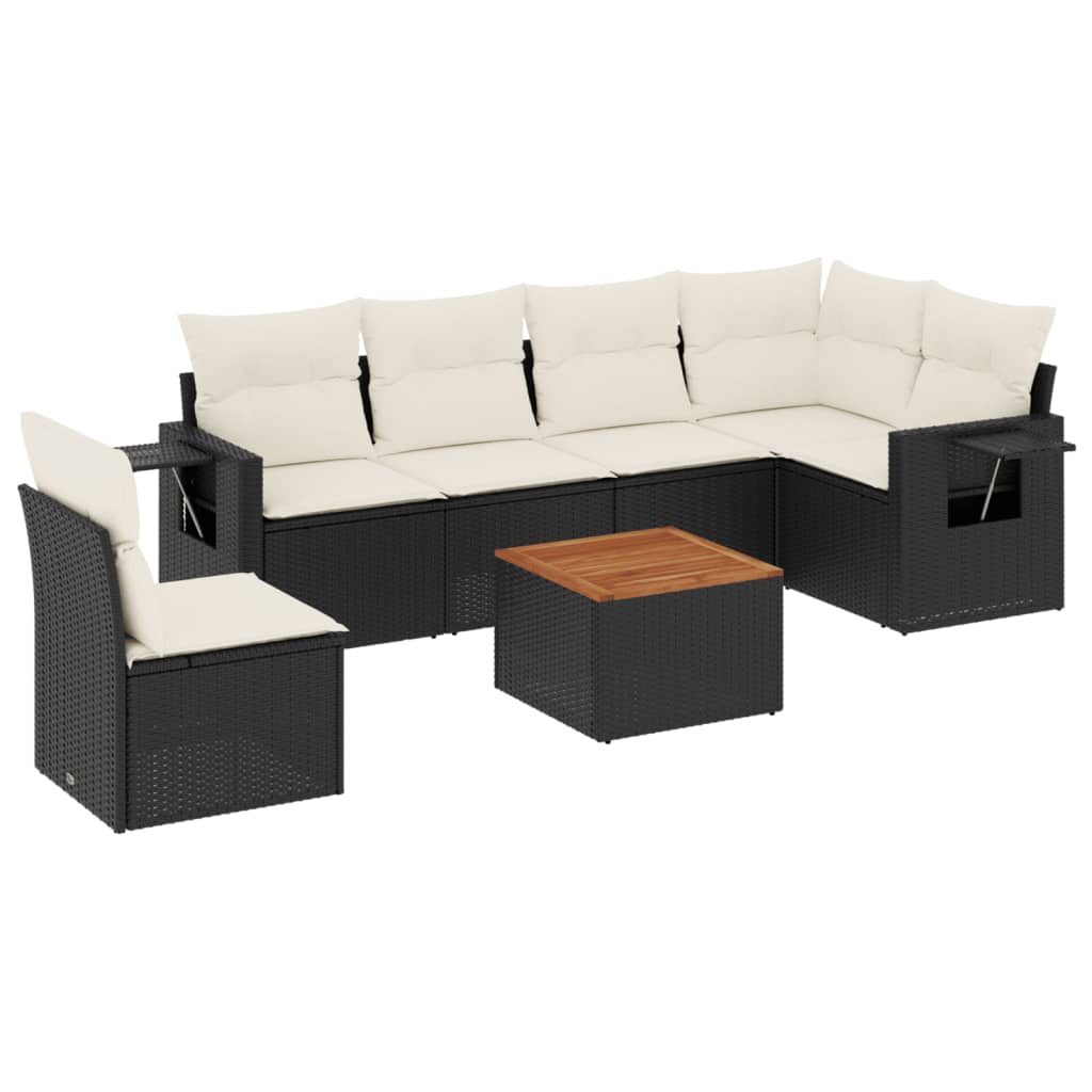 7 Piece Patio Sofa Set with Cushions Black Poly Rattan