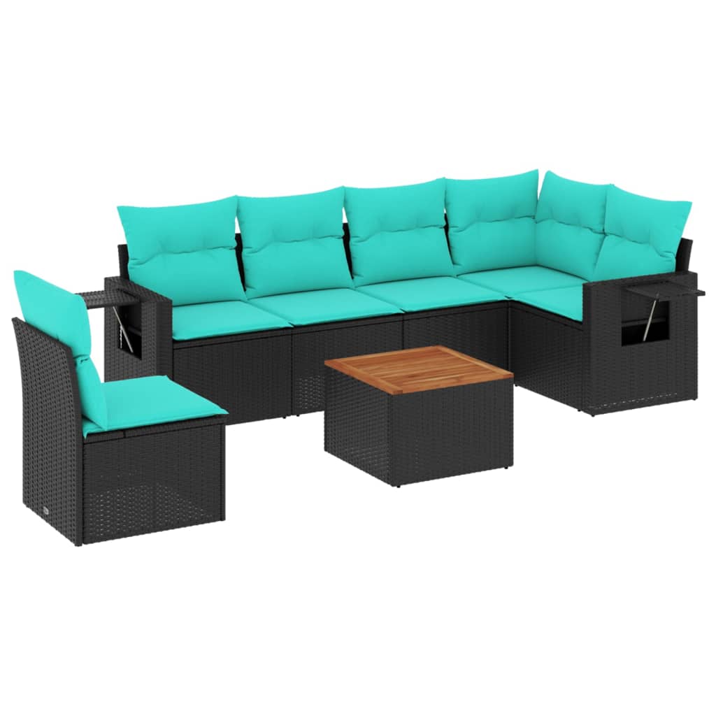 7 Piece Garden Sofa Set with Cushions Black Poly Rattan