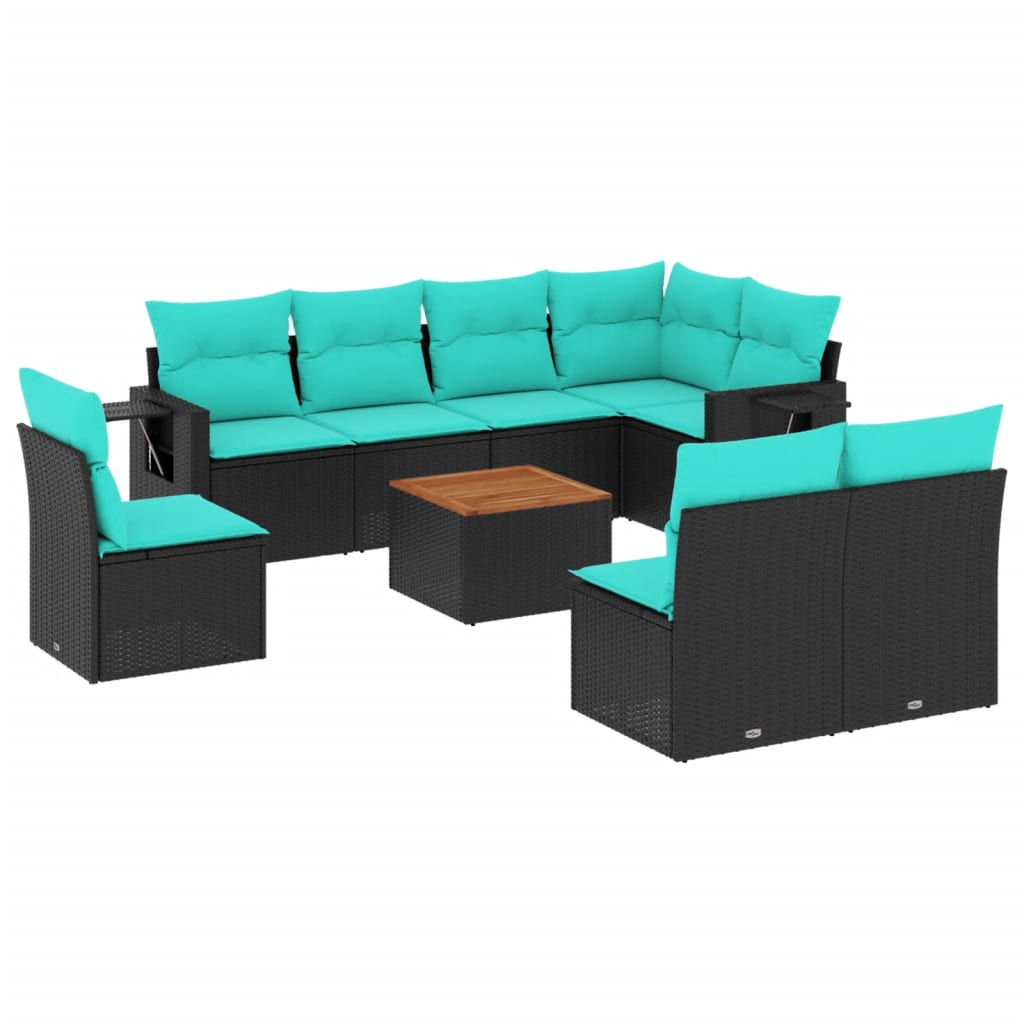 9 Piece Garden Sofa Set with Cushions Black Poly Rattan