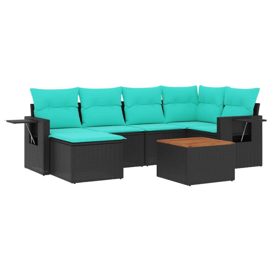 7 Piece Garden Sofa Set with Cushions Black Poly Rattan