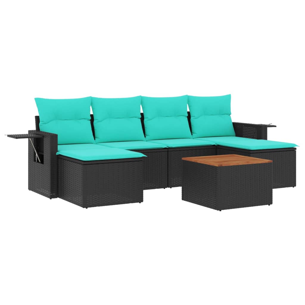 7 Piece Garden Sofa Set with Cushions Black Poly Rattan