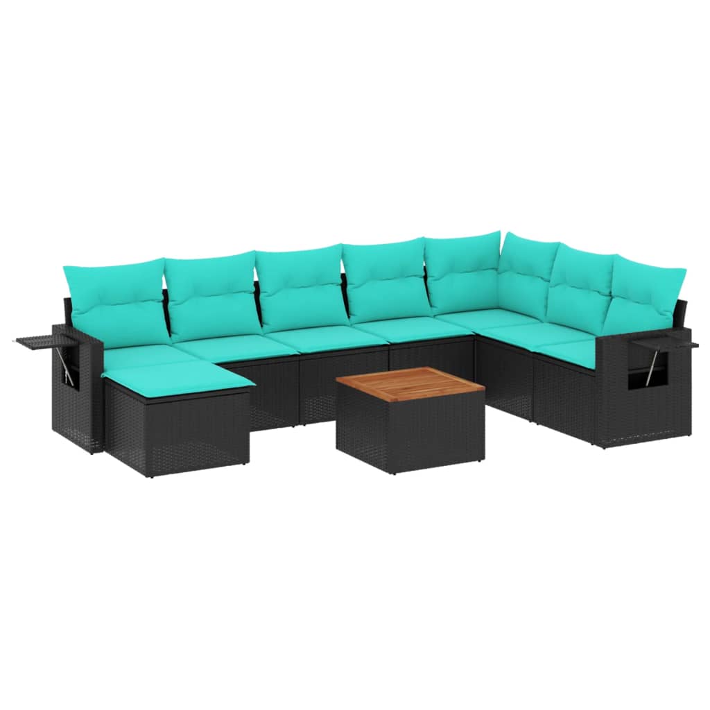 9 Piece Garden Sofa Set with Cushions Black Poly Rattan