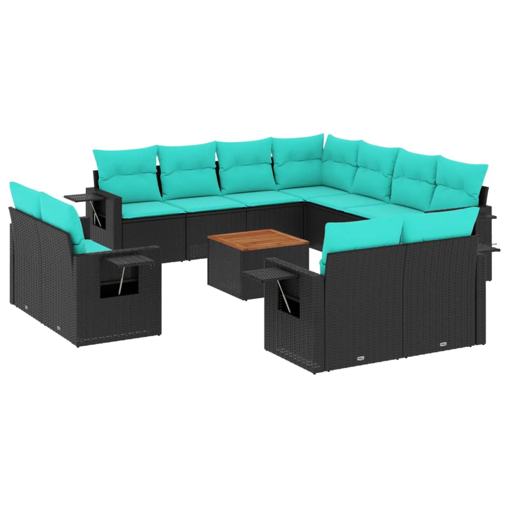 12 Piece Garden Sofa Set with Cushions Black Poly Rattan