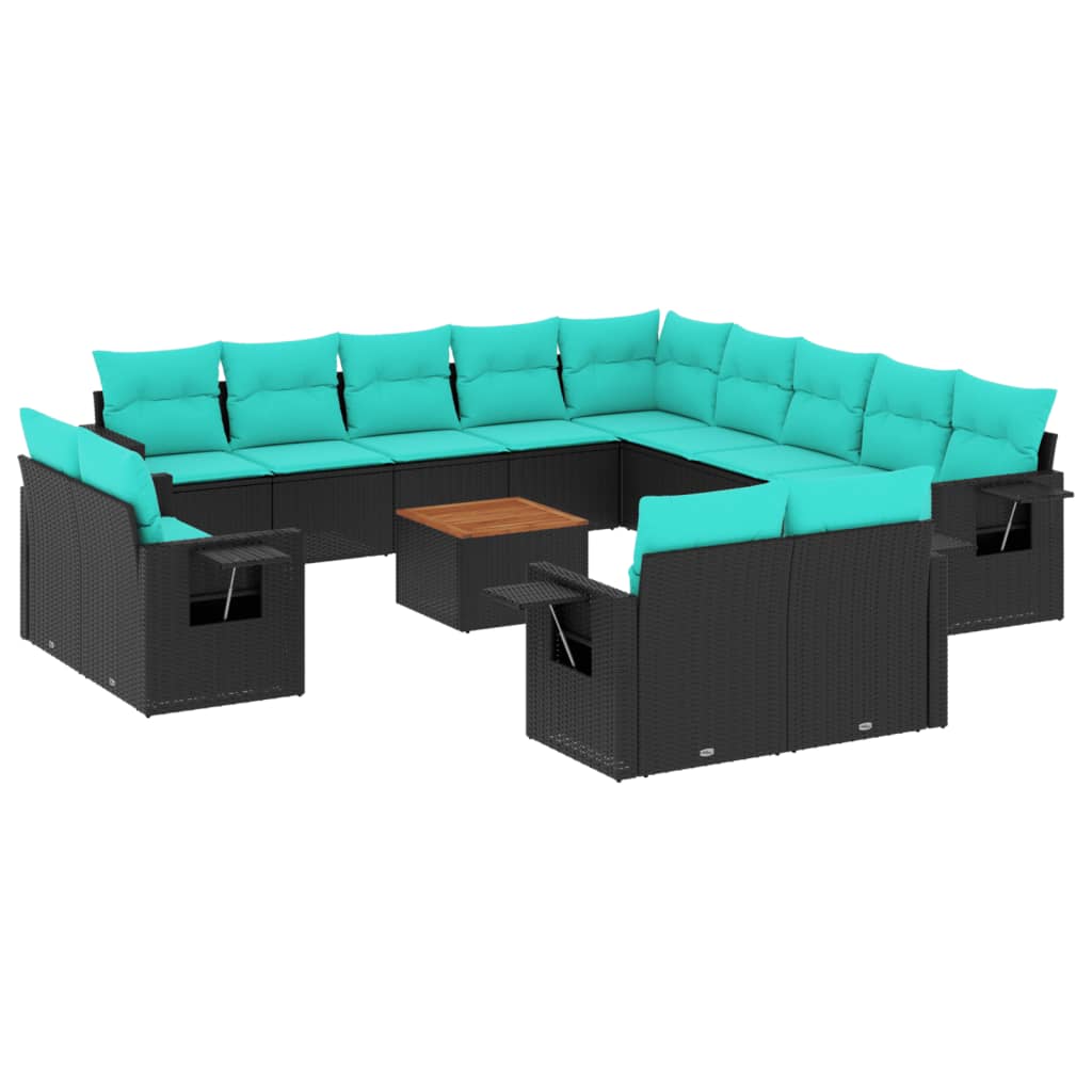 14 Piece Garden Sofa Set with Cushions Black Poly Rattan