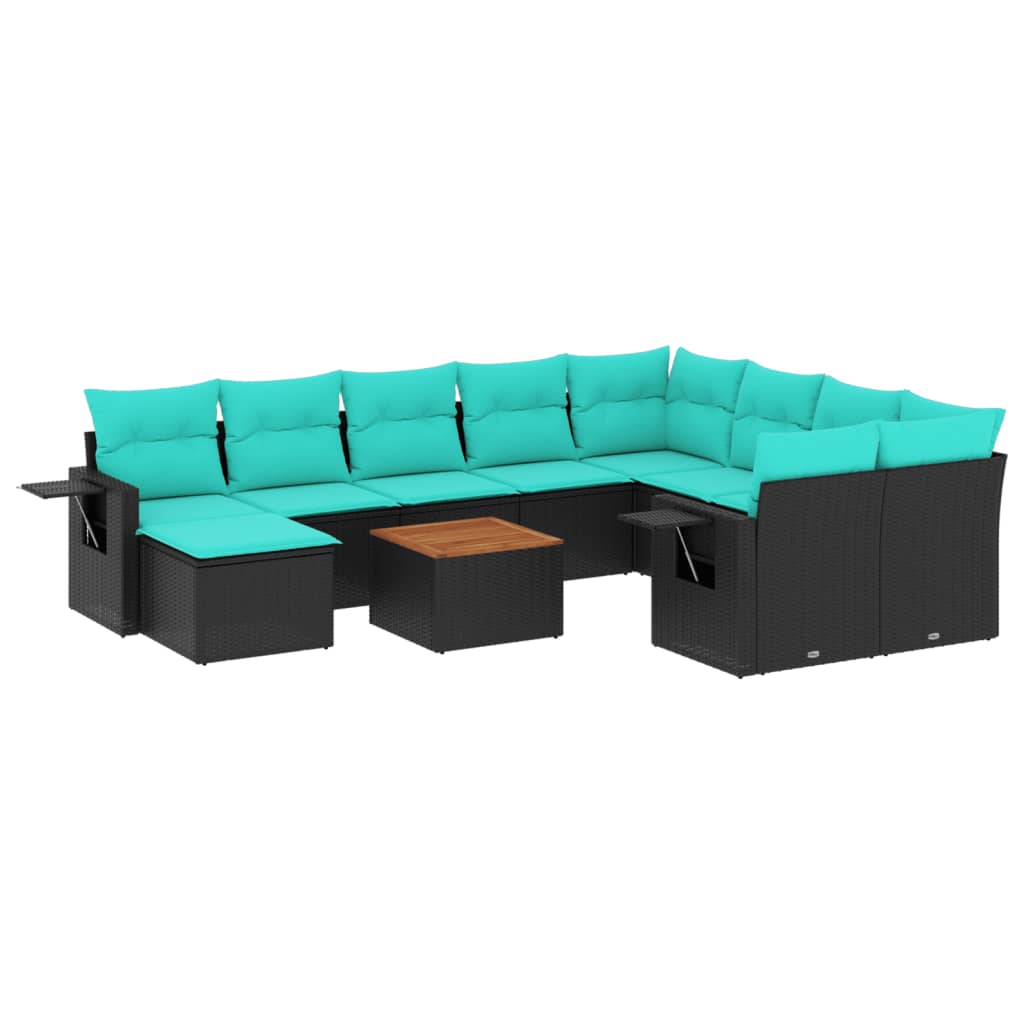 11 Piece Garden Sofa Set with Cushions Black Poly Rattan