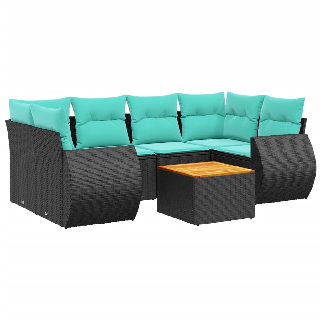 7 Piece Garden Sofa Set with Cushions Black Poly Rattan