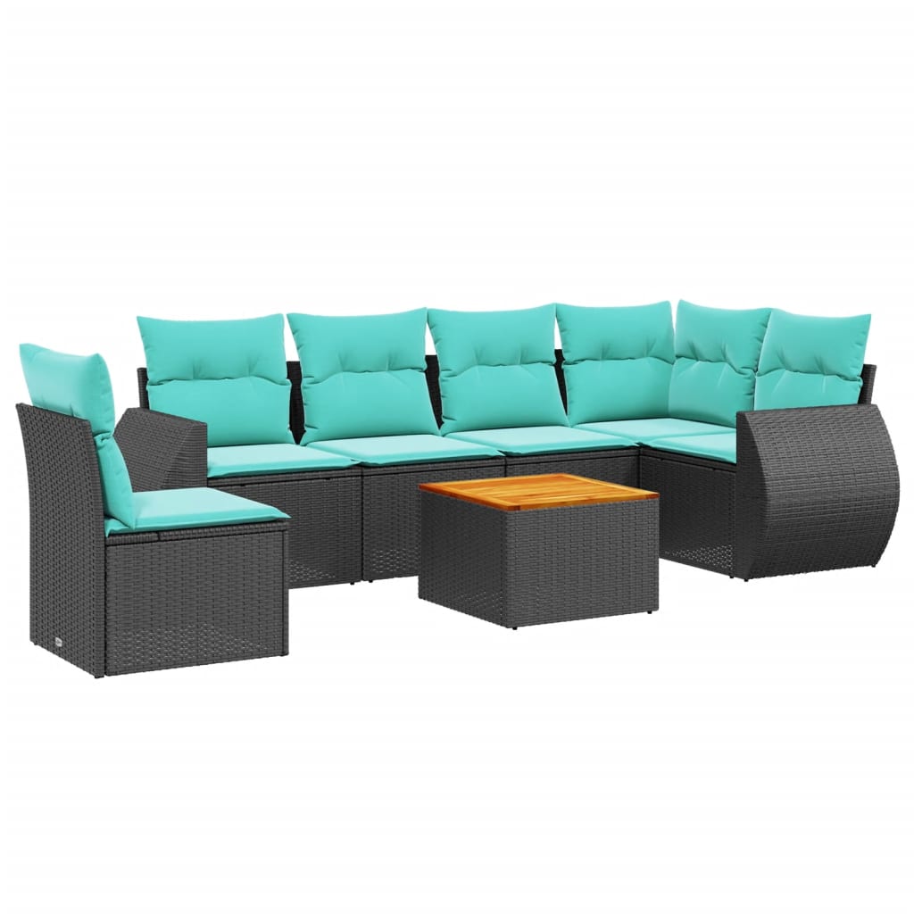 7 Piece Garden Sofa Set with Cushions Black Poly Rattan