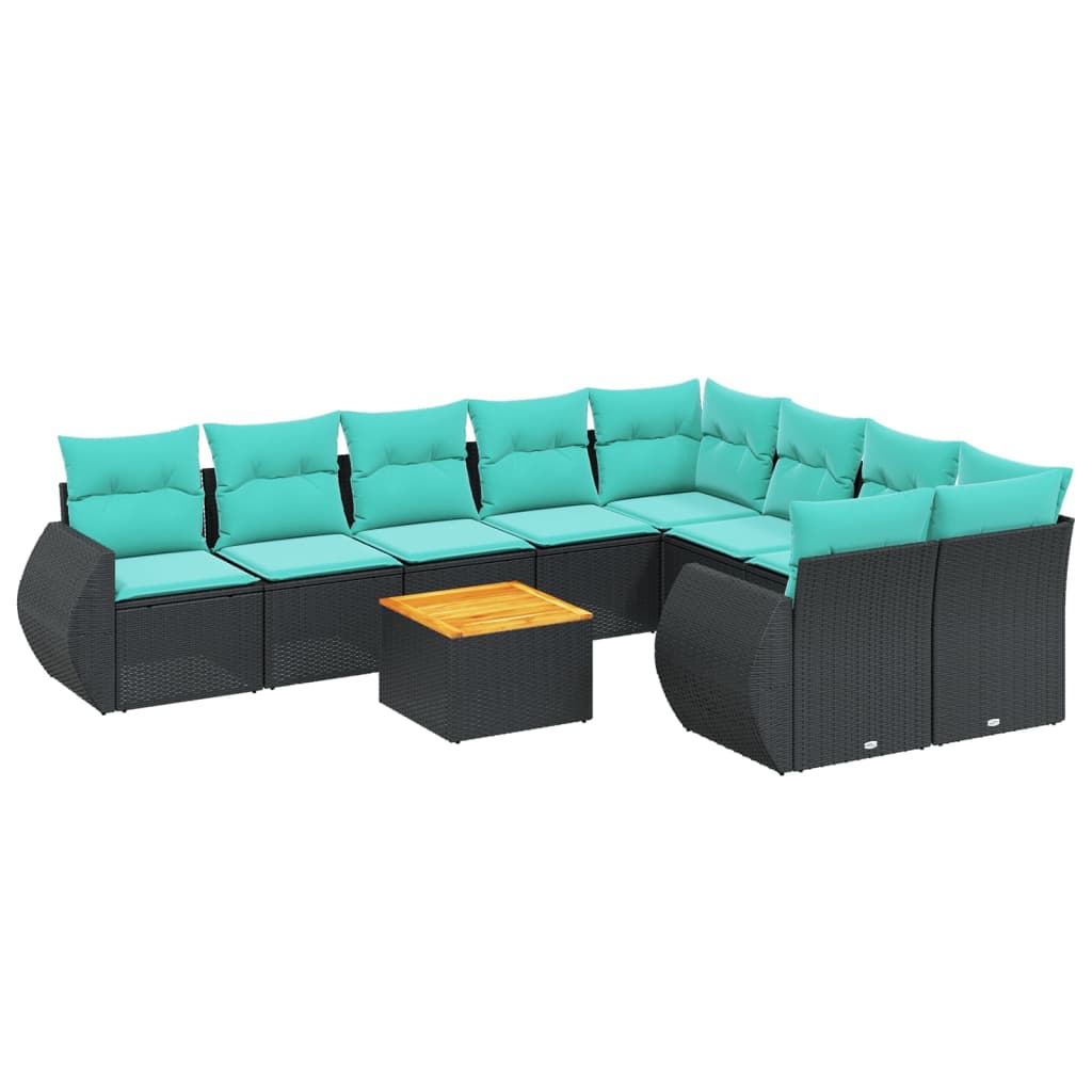 10 Piece Garden Sofa Set with Cushions Black Poly Rattan