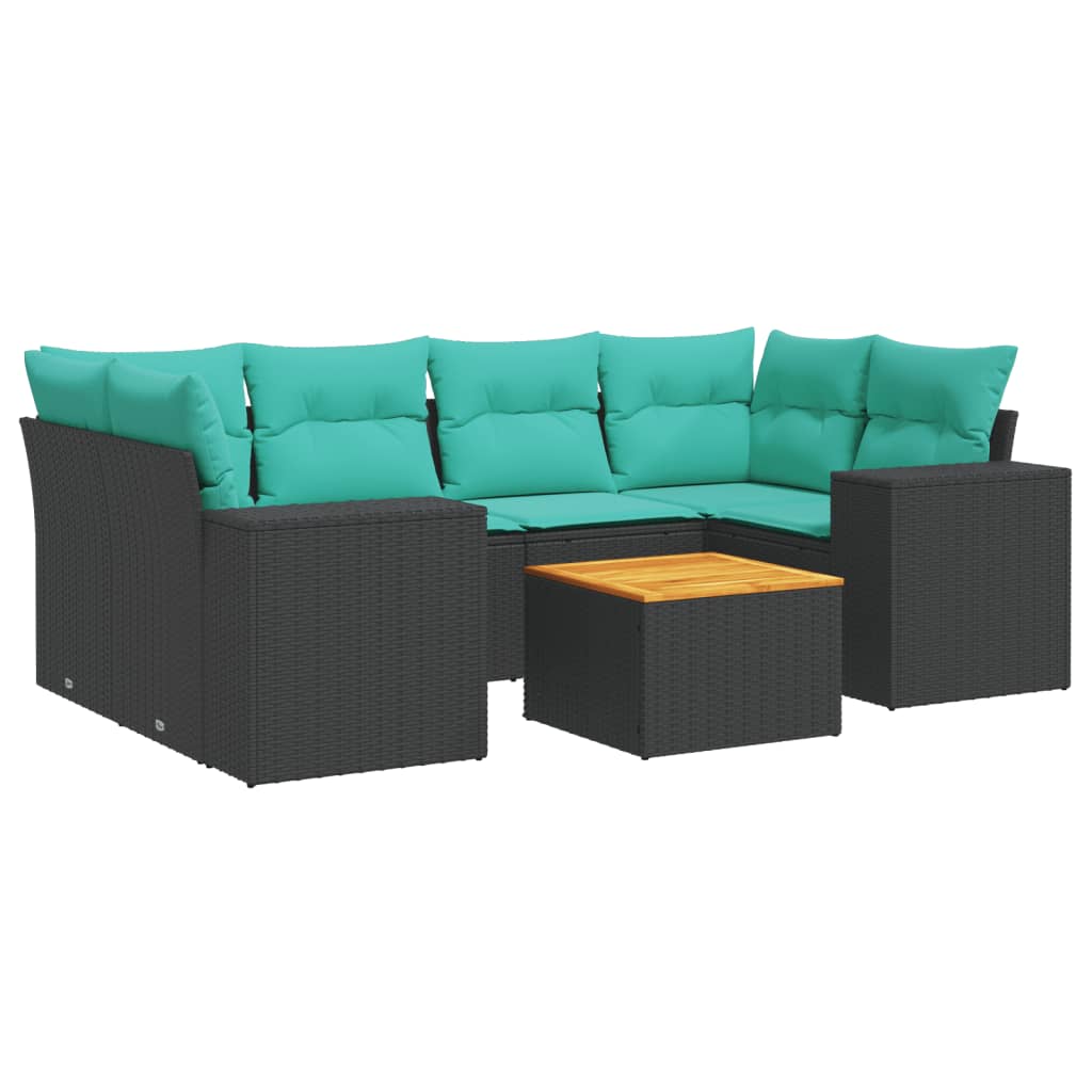 7 Piece Patio Sofa Set with Cushions Black Poly Rattan