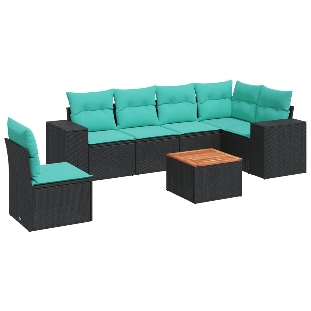 7 Piece Patio Sofa Set with Cushions Black Poly Rattan