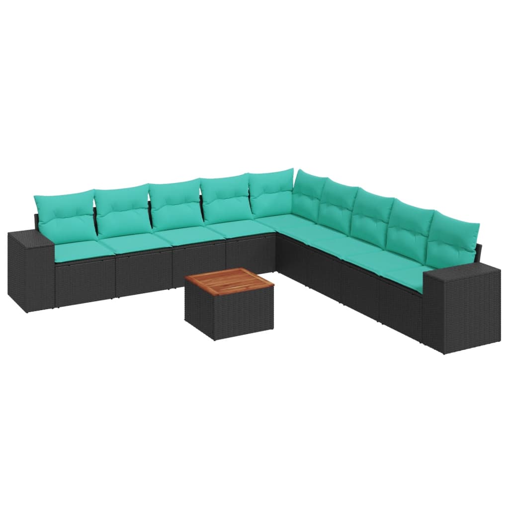 10 Piece Patio Sofa Set with Cushions Black Poly Rattan