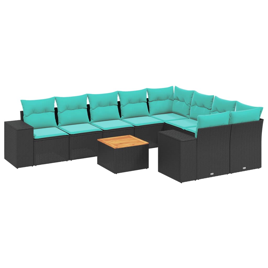10 Piece Garden Sofa Set with Cushions Black Poly Rattan