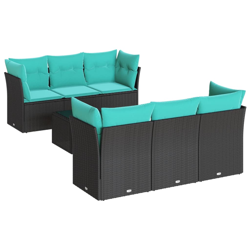 7 Piece Patio Sofa Set with Cushions Black Poly Rattan