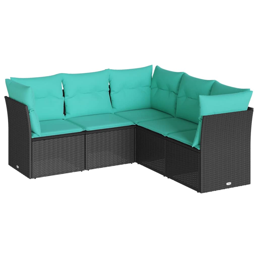 5 Piece Patio Sofa Set with Cushions Black Poly Rattan