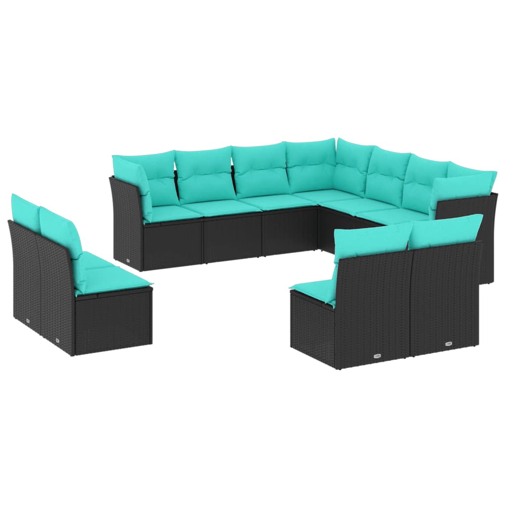 11 Piece Patio Sofa Set with Cushions Black Poly Rattan