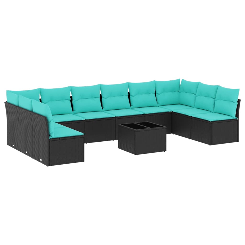 11 Piece Patio Sofa Set with Cushions Black Poly Rattan