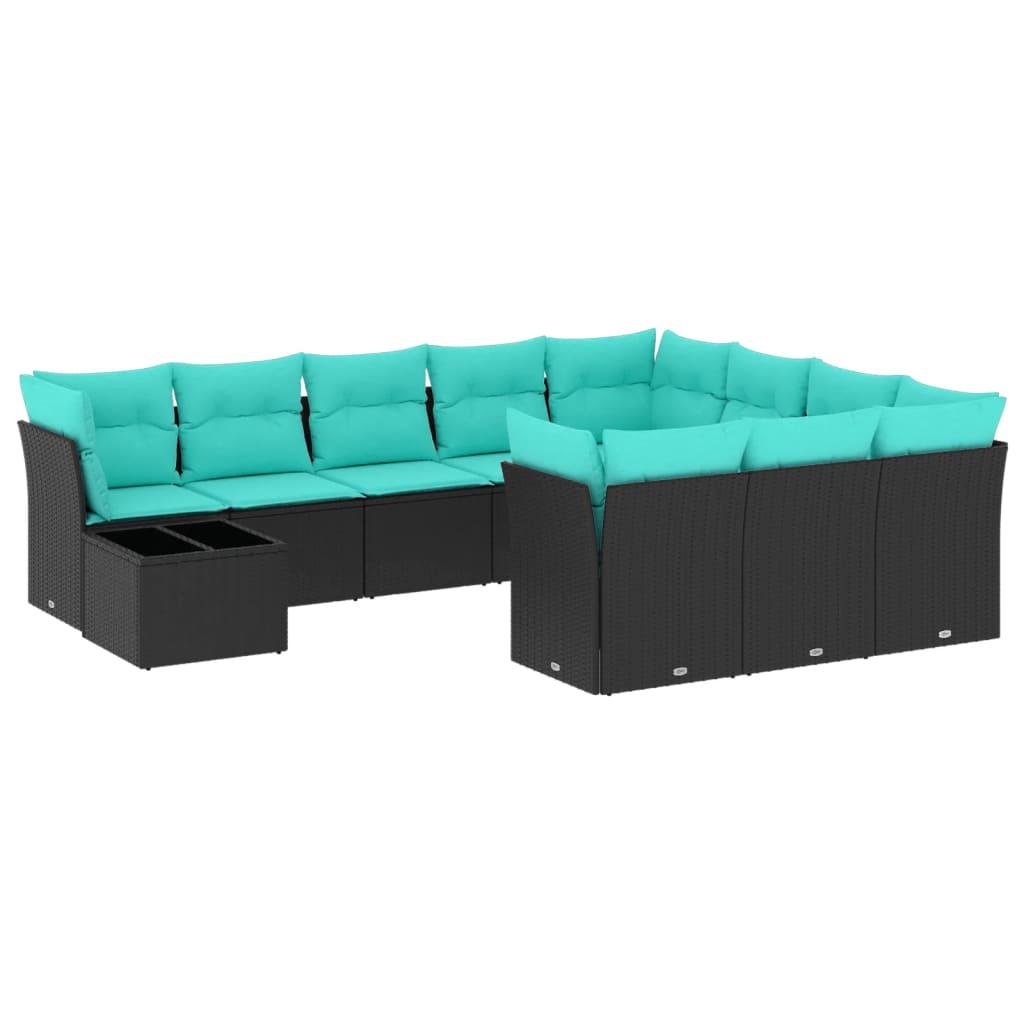 11 Piece Patio Sofa Set with Cushions Black Poly Rattan