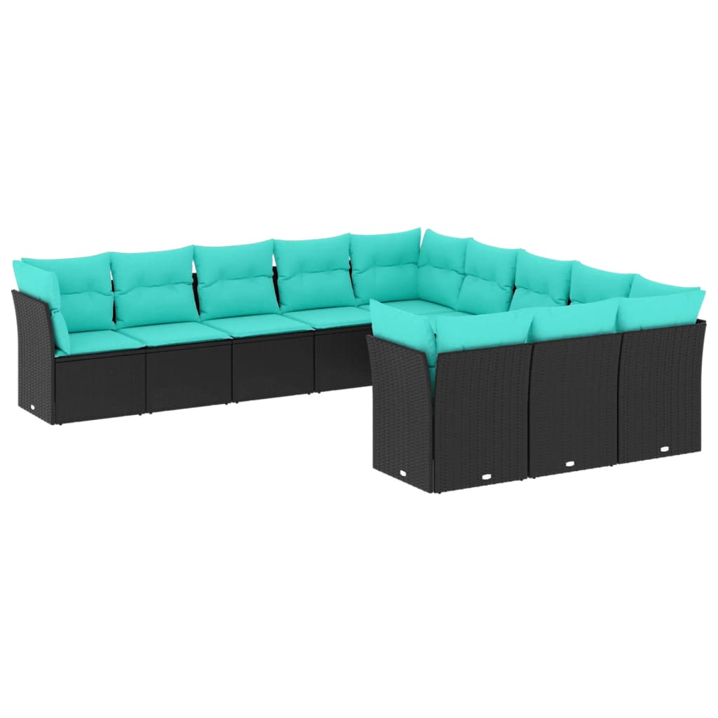 11 Piece Patio Sofa Set with Cushions Black Poly Rattan