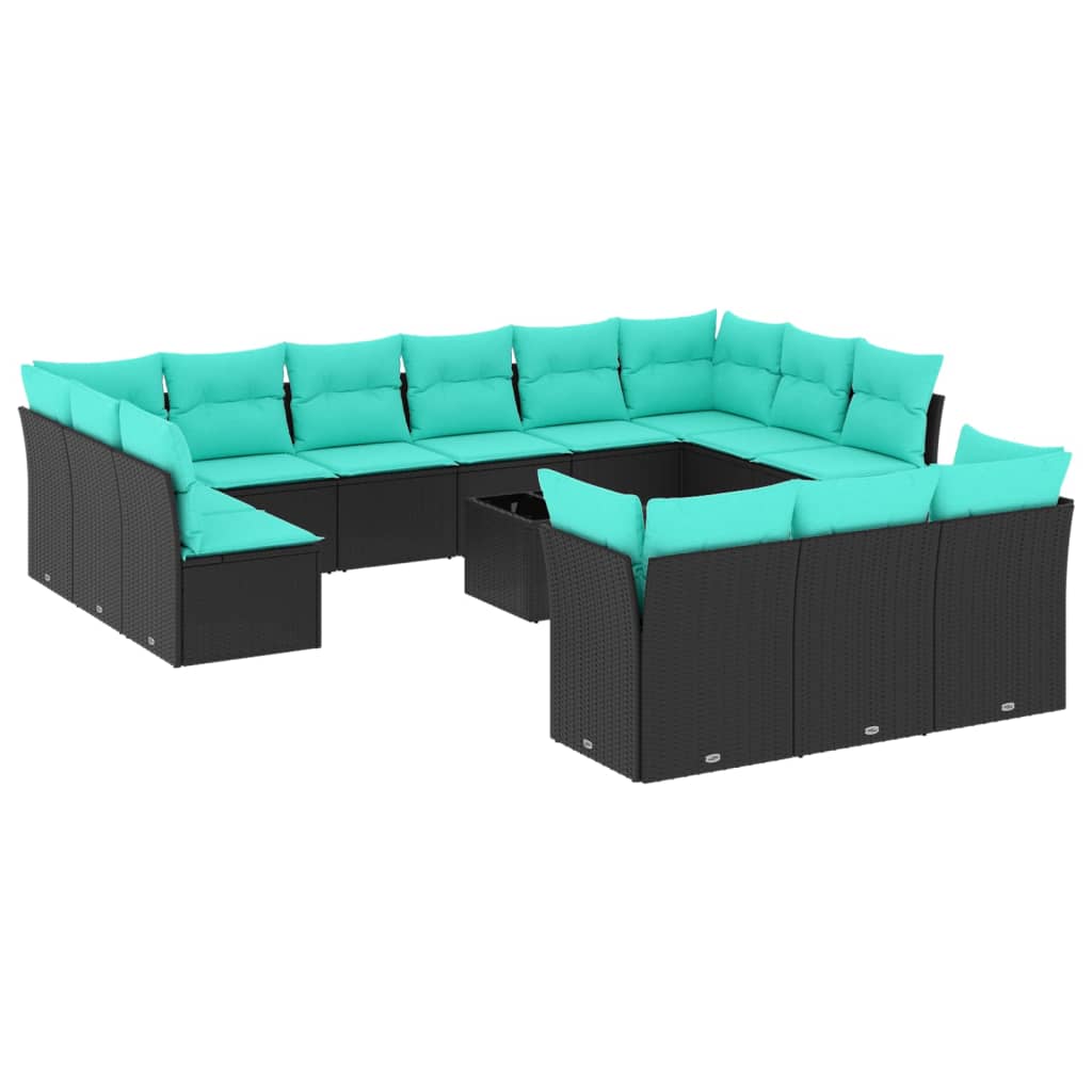 14 Piece Patio Sofa Set with Cushions Black Poly Rattan