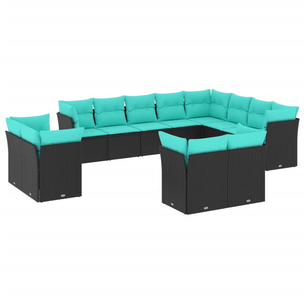 12 Piece Patio Sofa Set with Cushions Black Poly Rattan
