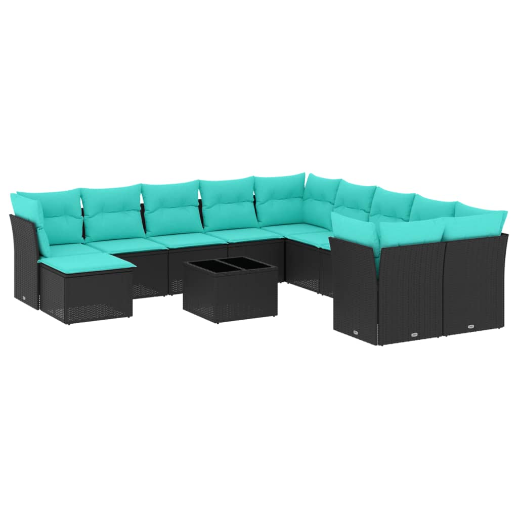 12 Piece Patio Sofa Set with Cushions Black Poly Rattan