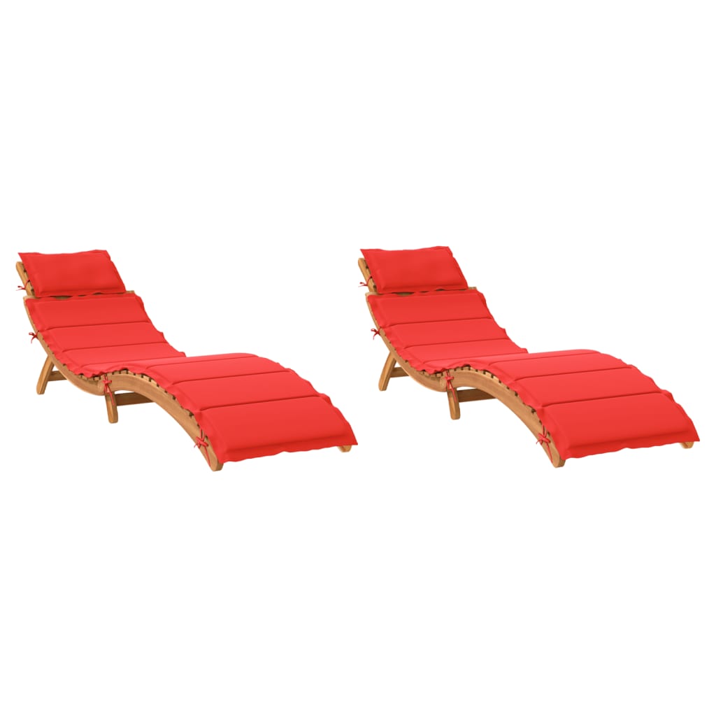 Patio Sunlounger Set of 2 Red, Natural Solid Acacia Wood, Polyester