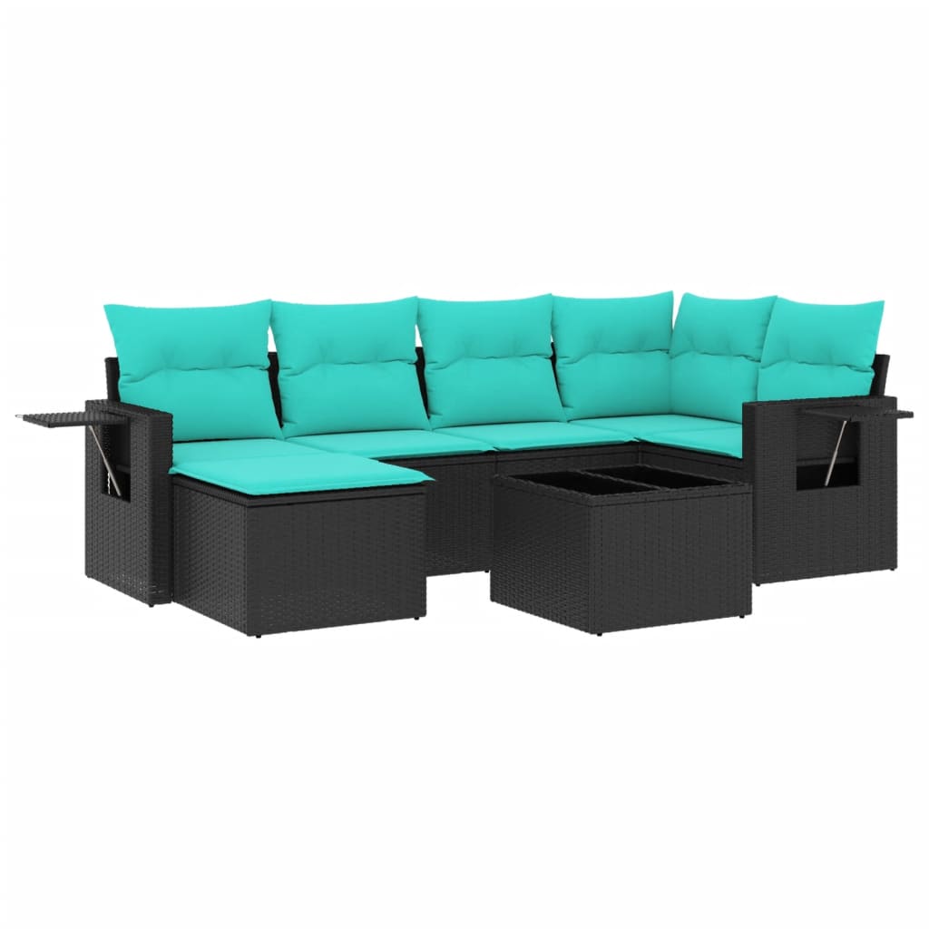 7 Piece Garden Sofa Set with Cushions Black Poly Rattan