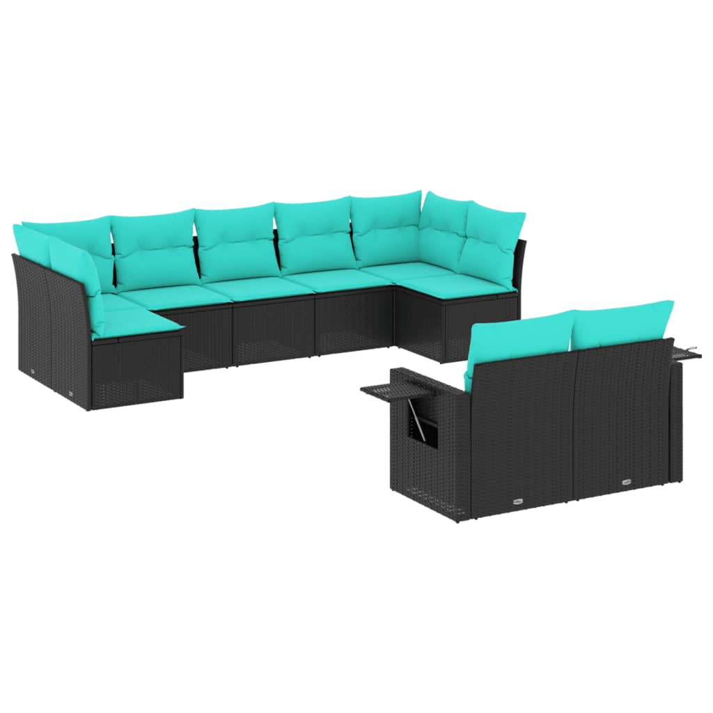 Patio Sofa Set Black PE Rattan, Polyester, Powder-Coated Steel