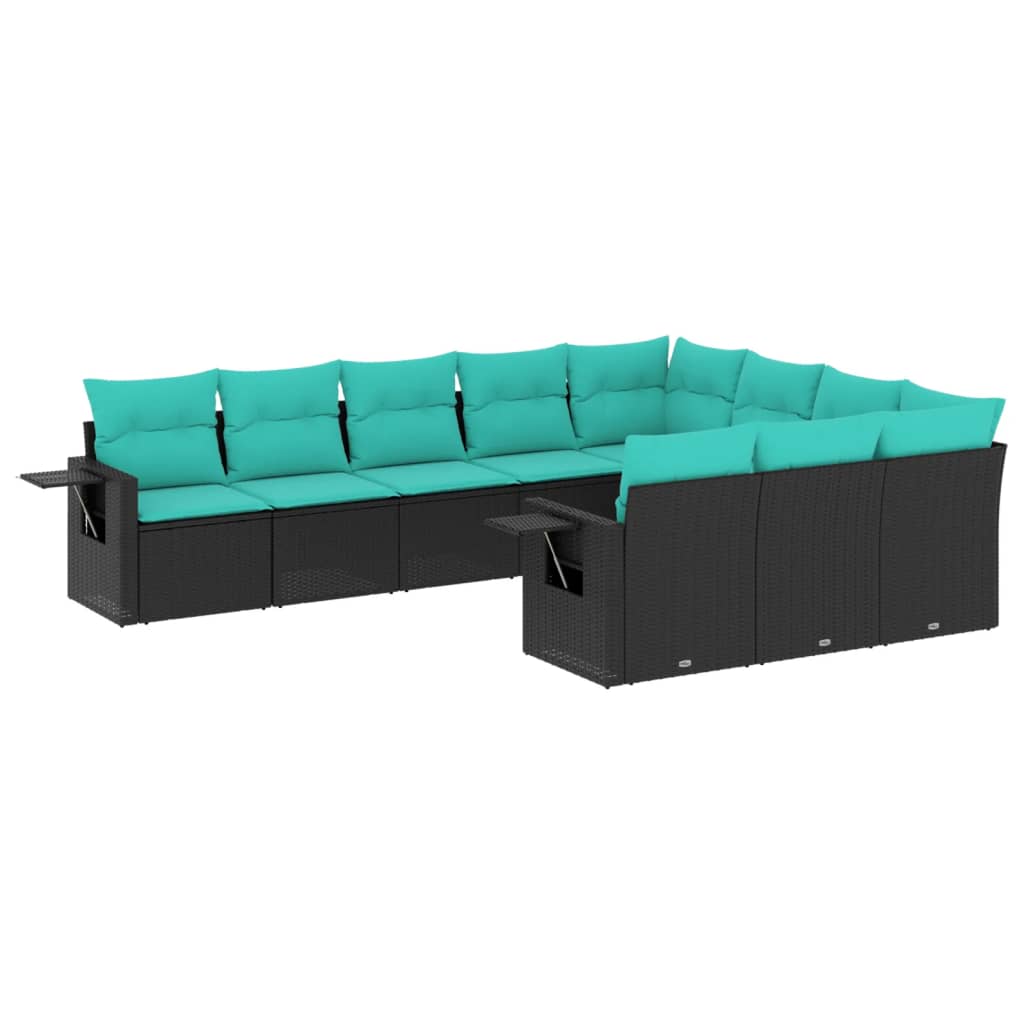 10 Piece Garden Sofa Set with Cushions Black Poly Rattan